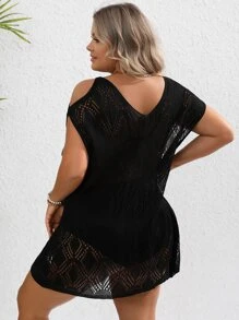SHEIN VCAY Plus Cold Shoulder Cover Up Dress Without Bikini - Black - View 2