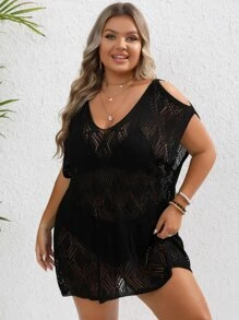 SHEIN VCAY Plus Cold Shoulder Cover Up Dress Without Bikini - Black - View 3