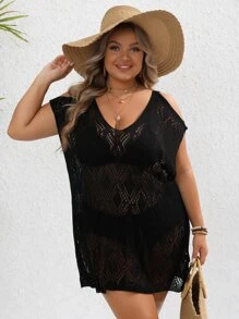 SHEIN VCAY Plus Cold Shoulder Cover Up Dress Without Bikini - Black - View 5