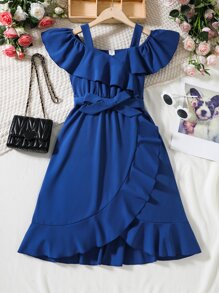 Rochie pentru fete cu umeri reci cu volane