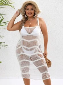 SHEIN VCAY Plus Open Stitch Cover Up Dress Without Bikini Set - White - View 4