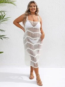 SHEIN VCAY Plus Open Stitch Cover Up Dress Without Bikini Set - White - View 5