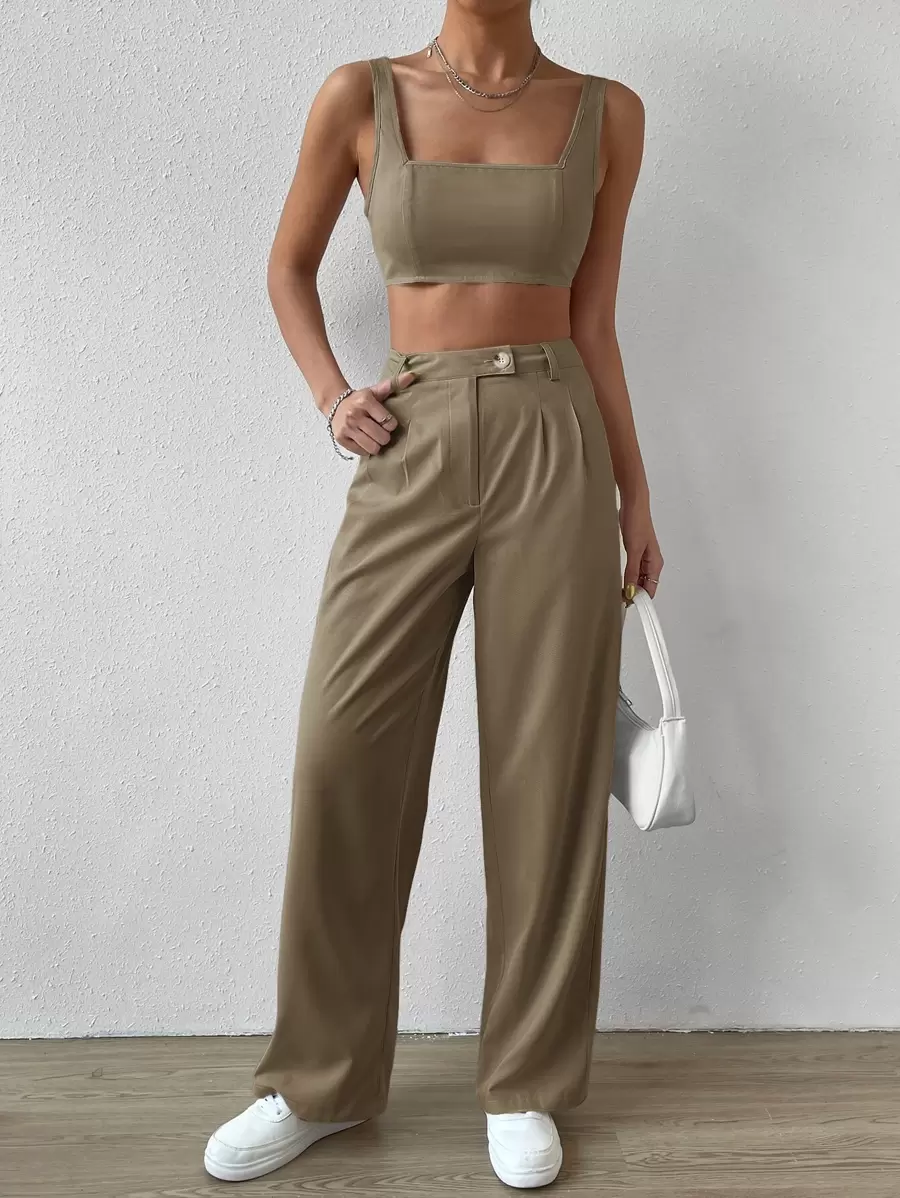 SHEIN EZwear 素色短款背心和闊腿褲 - 棕色 - 查看 1