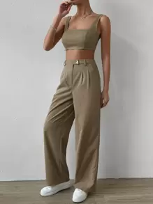 SHEIN EZwear 素色短款背心和闊腿褲 - 棕色 - 查看 3