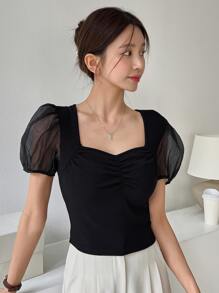 DAZY Contrast Mesh Puff Sleeve Ruched Bustier Tee - Black - View 1