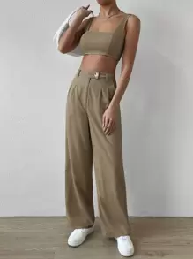 SHEIN EZwear 素色短款背心和闊腿褲 - 棕色 - 查看 6