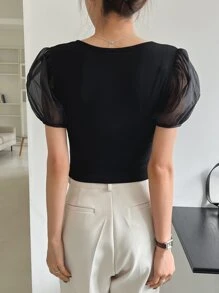 DAZY Contrast Mesh Puff Sleeve Ruched Bustier Tee - Black - View 2