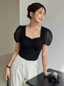 DAZY Contrast Mesh Puff Sleeve Ruched Bustier Tee - Black - View 4