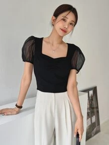 DAZY Contrast Mesh Puff Sleeve Ruched Bustier Tee - Black - View 5