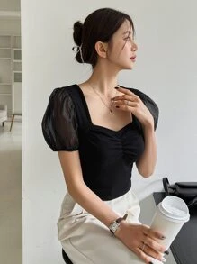 DAZY Contrast Mesh Puff Sleeve Ruched Bustier Tee - Black - View 7