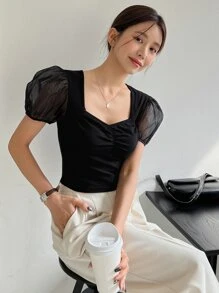 DAZY Contrast Mesh Puff Sleeve Ruched Bustier Tee - Black - View 8