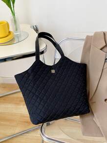 Large Capacity Double Handle Quilted Shoulder Tote Bag For Female - Black - View 1