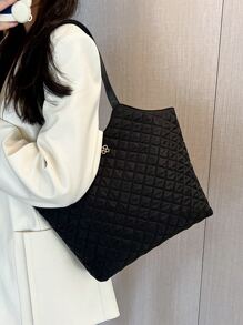 Large Capacity Double Handle Quilted Shoulder Tote Bag For Female - Black - View 2
