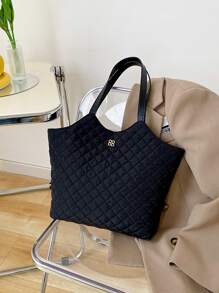 Large Capacity Double Handle Quilted Shoulder Tote Bag For Female - Black - View 4