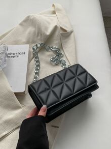 時尚、極簡、休閒、迷你拼接鏈條掀蓋方形包,適用於女生、少女 - 黑色 - 查看 3