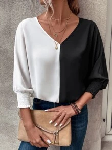 SHEIN Clasi Two Tone Batwing Sleeve Blouse - Black and White - View 1