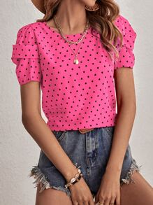 SHEIN Clasi 愛心圖案泡泡袖襯衫 - 粉色 - 查看 1