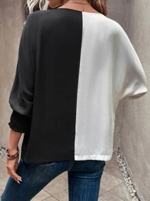 SHEIN Clasi Two Tone Batwing Sleeve Blouse - Black and White - View 2