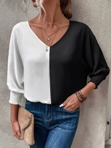 SHEIN Clasi Two Tone Batwing Sleeve Blouse - Black and White - View 3