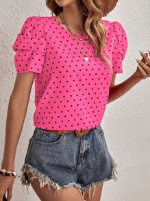 SHEIN Clasi 愛心圖案泡泡袖襯衫 - 粉色 - 查看 3