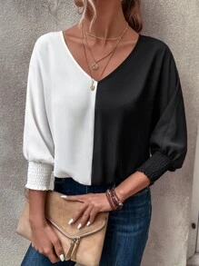 SHEIN Clasi Two Tone Batwing Sleeve Blouse - Black and White - View 5