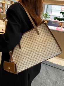 輕便商務休閒全印花對比邊緣肩托袋，附包，適用於少女、女性、大學生、新手和白領工人，在辦公室、大學、工作、上下班、戶外、旅行和外出時使用，時尚女包