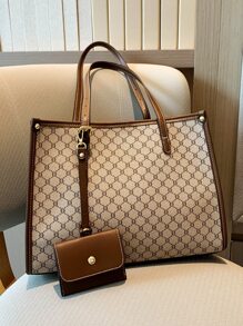 輕便商務休閒全印花對比邊緣肩托袋，附包，適用於少女、女性、大學生、新手和白領工人，在辦公室、大學、工作、上下班、戶外、旅行和外出時使用，時尚女包