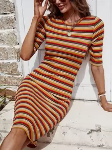 SHEIN Privé 條紋印花緊身洋裝 - 彩色 - 查看 1