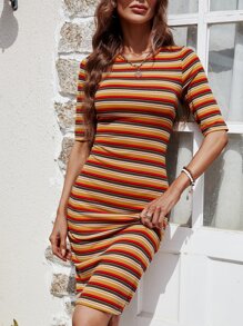 SHEIN Privé 條紋印花緊身洋裝 - 彩色 - 查看 3