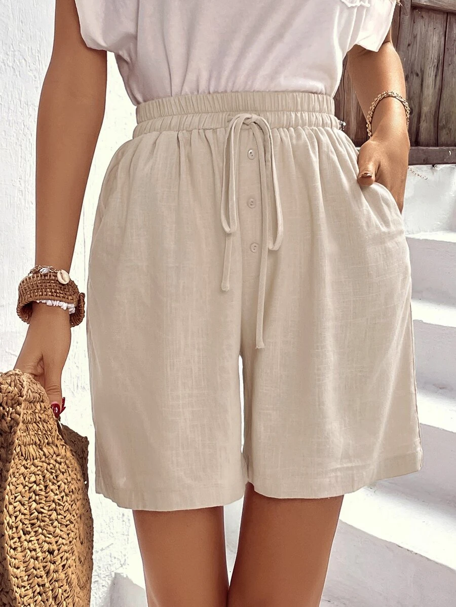 SHEIN LUNE Solid Drawstring Waist Slant Pocket Shorts - Apricot - View 1