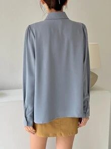 DAZY Áo cánh tay phồng cổ buộc màu trơn, quần áo nữ mùa thu, áo dài tay - Màu xanh bụi bặm - Xem 2