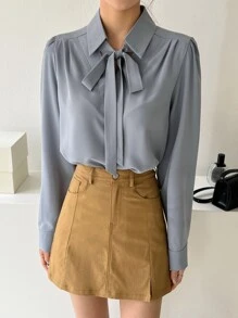 DAZY Áo cánh tay phồng cổ buộc màu trơn, quần áo nữ mùa thu, áo dài tay - Màu xanh bụi bặm - Xem 4