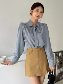 DAZY Áo cánh tay phồng cổ buộc màu trơn, quần áo nữ mùa thu, áo dài tay - Màu xanh bụi bặm - Xem 5