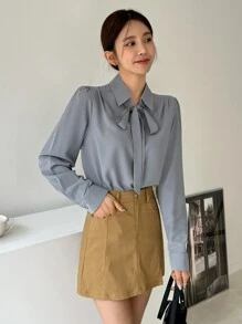 DAZY Áo cánh tay phồng cổ buộc màu trơn, quần áo nữ mùa thu, áo dài tay - Màu xanh bụi bặm - Xem 6