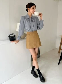 DAZY Áo cánh tay phồng cổ buộc màu trơn, quần áo nữ mùa thu, áo dài tay - Màu xanh bụi bặm - Xem 7
