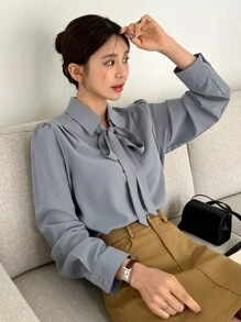 DAZY Áo cánh tay phồng cổ buộc màu trơn, quần áo nữ mùa thu, áo dài tay - Màu xanh bụi bặm - Xem 8