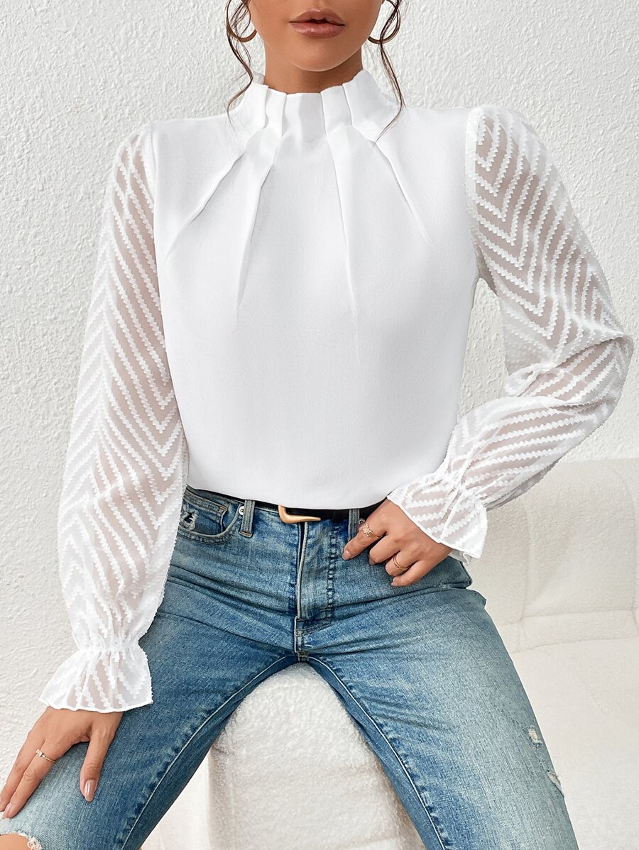 SHEIN Frenchy Frilled Neck Flounce Sleeve Blouse,Long Sleeve Tops Winter Elegant White White Spring - White - View 1