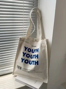 KVKY 标语图案购物袋书包，返校，大容量，便携，可折叠，经典休闲，适合少女女大学生，非常适合返校、初中、高中、购物、度假、大学 - 白色 - 查看 1