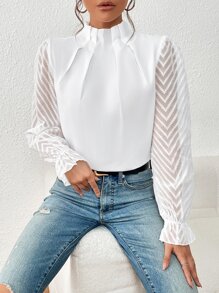 SHEIN Frenchy Frilled Neck Flounce Sleeve Blouse,Long Sleeve Tops Winter Elegant White White Spring - White - View 3