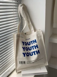 KVKY 标语图案购物袋书包，返校，大容量，便携，可折叠，经典休闲，适合少女女大学生，非常适合返校、初中、高中、购物、度假、大学 - 白色 - 查看 2