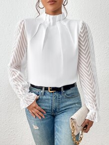 SHEIN Frenchy Frilled Neck Flounce Sleeve Blouse,Long Sleeve Tops Winter Elegant White White Spring - White - View 5