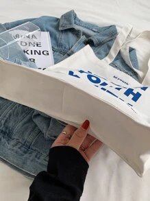 KVKY 标语图案购物袋书包，返校，大容量，便携，可折叠，经典休闲，适合少女女大学生，非常适合返校、初中、高中、购物、度假、大学 - 白色 - 查看 6