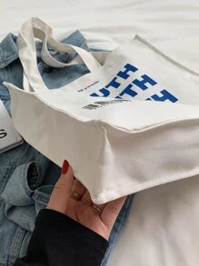 KVKY 标语图案购物袋书包，返校，大容量，便携，可折叠，经典休闲，适合少女女大学生，非常适合返校、初中、高中、购物、度假、大学 - 白色 - 查看 7