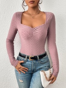 SHEIN Frenchy 雞心領口網眼刺繡胸部褶皺蕾絲邊T恤