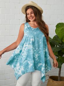 SHEIN LUNE 大碼紮染不對稱下擺背心上衣 - 藍白色 - 查看 5