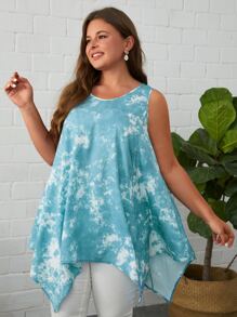 SHEIN LUNE 大碼紮染不對稱下擺背心上衣 - 藍白色 - 查看 1