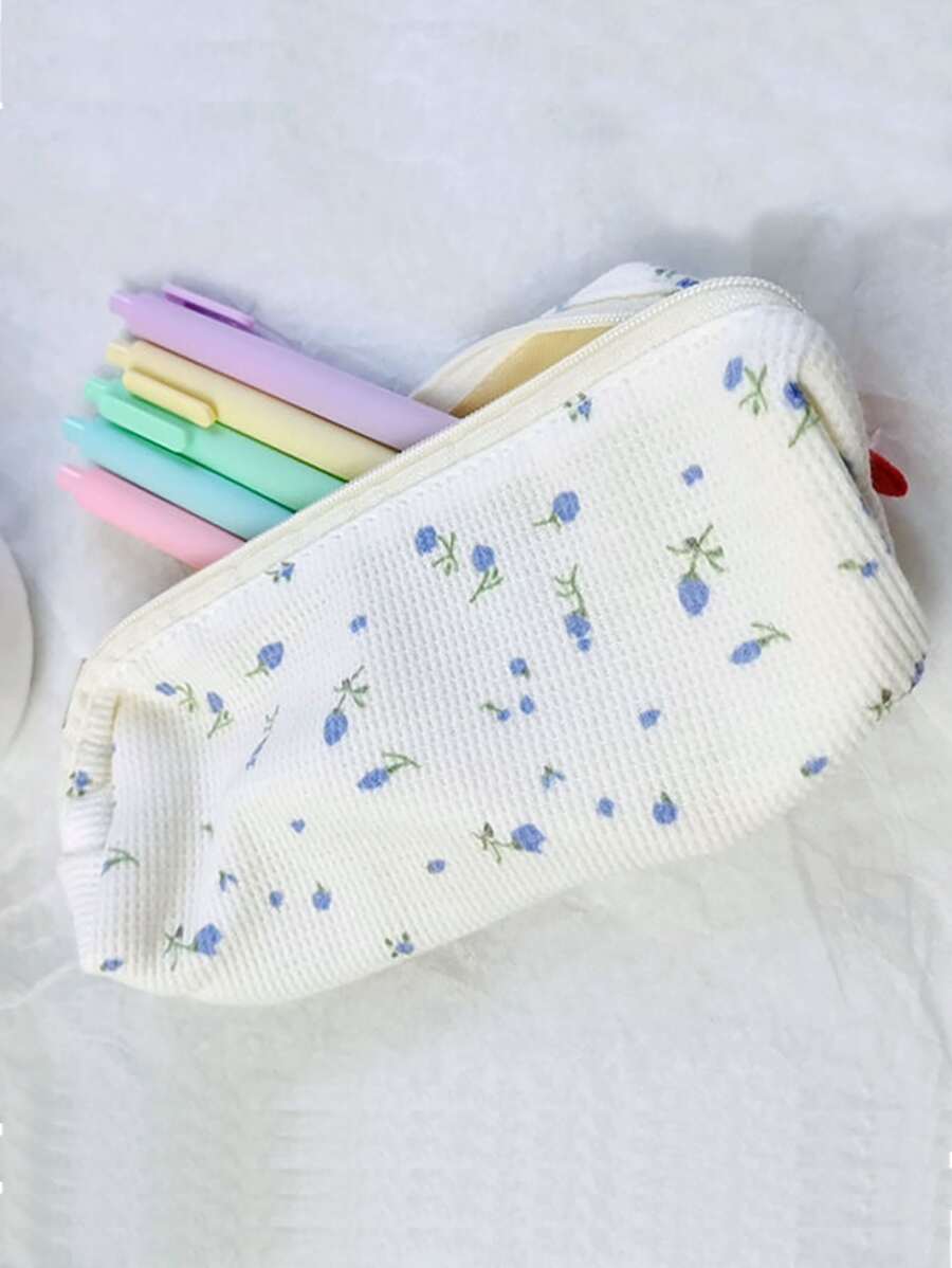 1pc Flower Print Pencil Bag - Blue - View 1