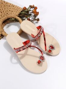 Women Metallic Rhinestone & Gemstone Decor Flat Sandals, Glamorous Outdoor Thong Sandals - Red - View 2