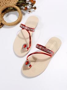 Women Metallic Rhinestone & Gemstone Decor Flat Sandals, Glamorous Outdoor Thong Sandals - Red - View 3