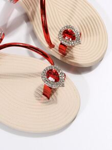 Women Metallic Rhinestone & Gemstone Decor Flat Sandals, Glamorous Outdoor Thong Sandals - Red - View 6